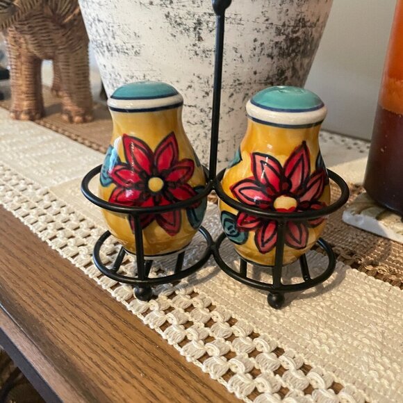 DONATED Boho Fun Vibrant Colorful Salt & Pepper Set Stand Holder - Picture 2 of 6